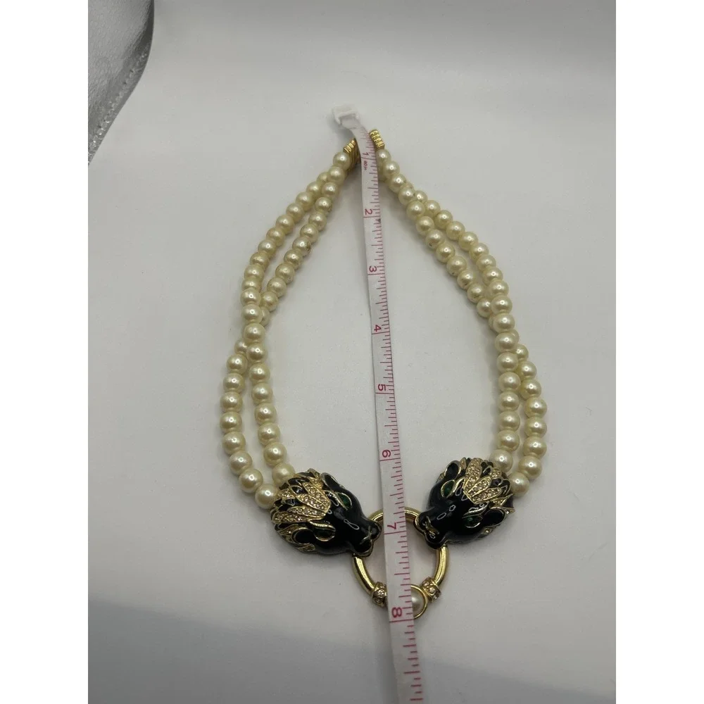 White Faux‎ Pearl Beaded Choker Necklace Panther Heads Gold Tone 15in Statement